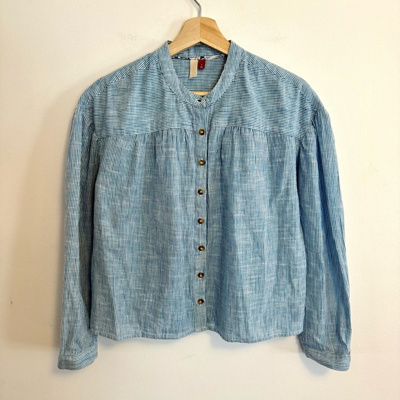 Pilcro Peasant Anthropologie Long Sleeve Button Down Blue Cropped Blouse Small - Picture 3 of 6